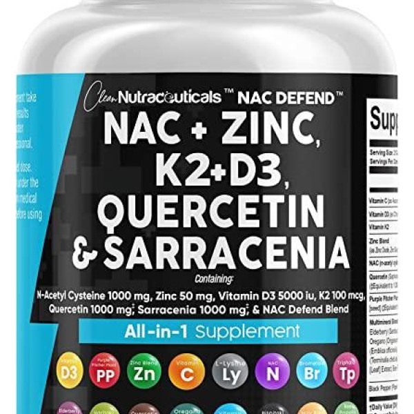 NAC Supplement N-Acetyl Cysteine 1000mg Vitamin D3 K2 Zinc Quercetin 1000mg Sarracenia Purpurea 1000mg